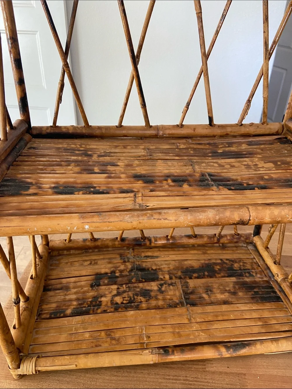 Vintage 3 Tier Burnt Tortoiseshell Bamboo Display Shelf